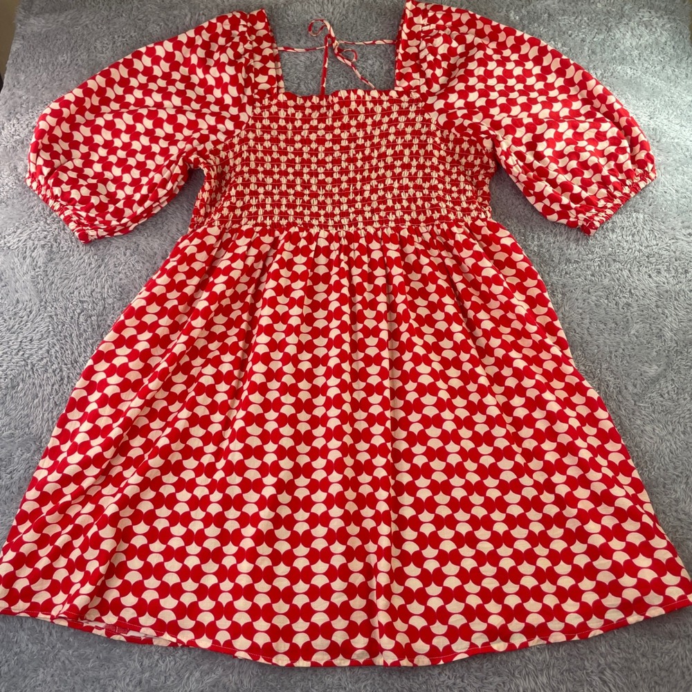 Ava & Viv Smocked Dress Womens 2X Red Cottagecore Boho Chic Balloon Sleeve